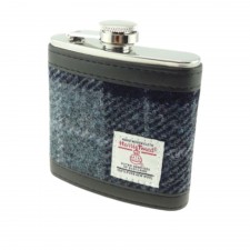 Harris Tweed Hip Flask 6oz In Blue & Grey Check