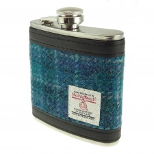 Harris Tweed Hip Flask 6oz In Sea Blue Check
