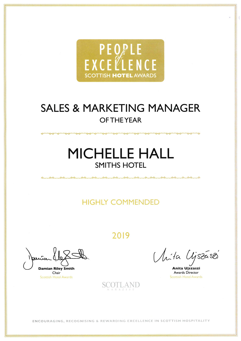 Sales & Marketing Manager of the Year - Scottish Hotel Awards 2019