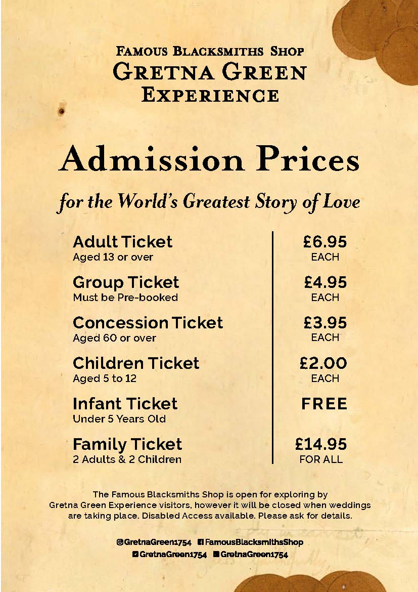 Gretna Green Experience Price List - March 2023