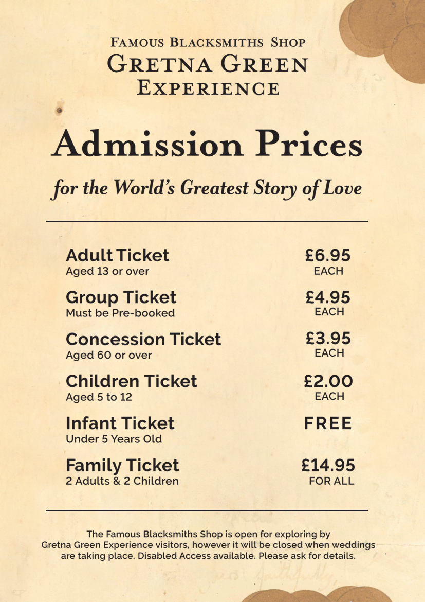 Gretna Green Experience Price List - February 2024