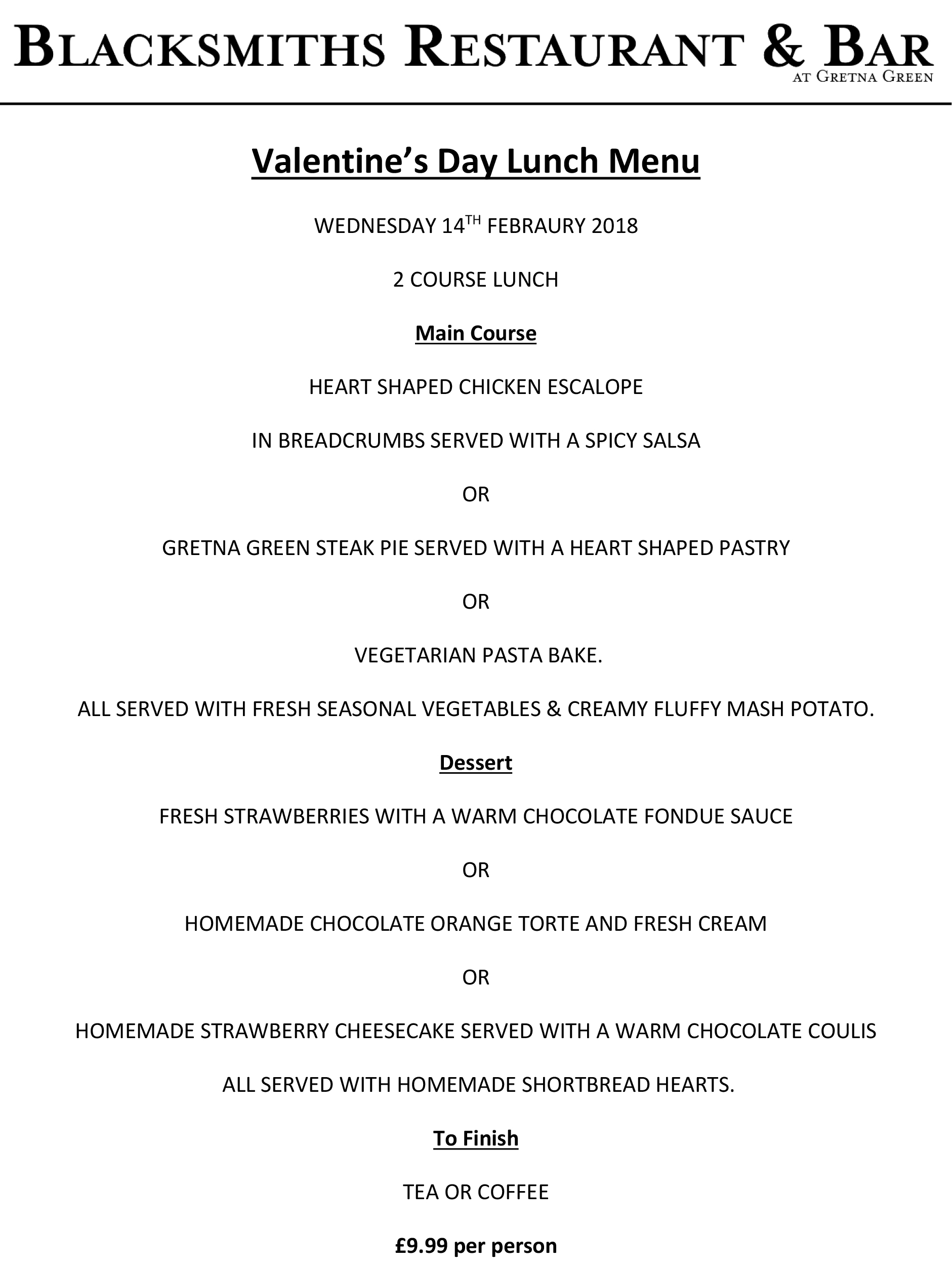 Valentine's Menu at the Blacksmiths Restaurant